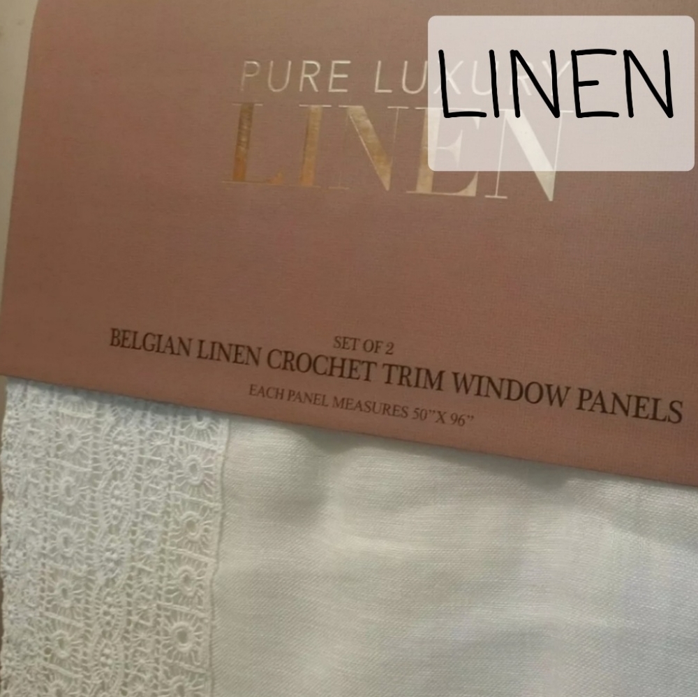 Pure Luxury Linen 50" x 96" Belgian Linen Crochet Trim panels curtains unlined